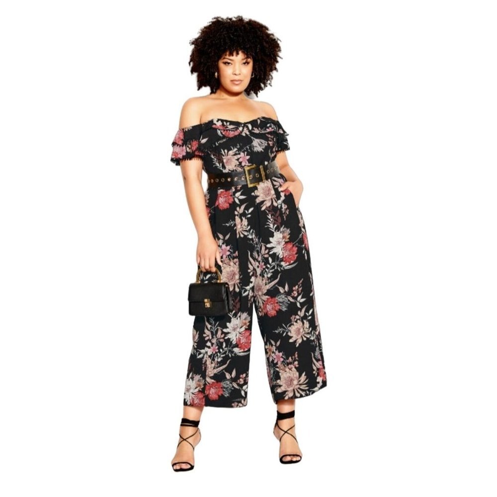 City Chic Black Floral Off-Shoulder Jumpsuit